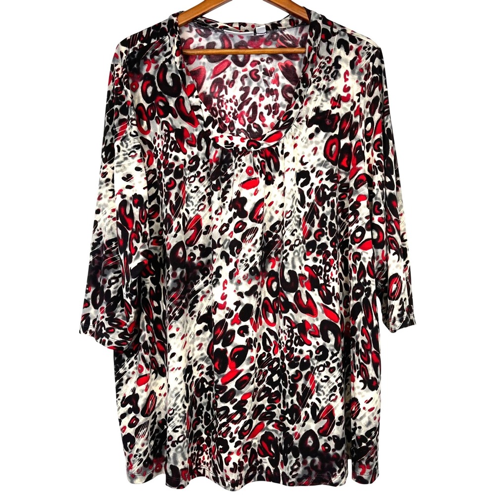 Susan Graver Size 2X Leopard Print V Neck Tunic Top Liquid Knit Stretchy Maximal